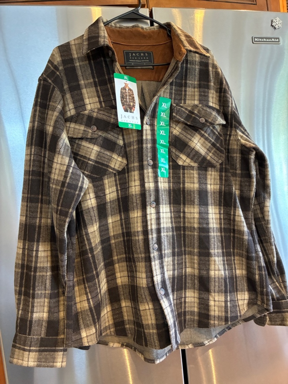 Jachs Men's Brown and Cream Plaid Button-Down Shirt with Corduroy Collar